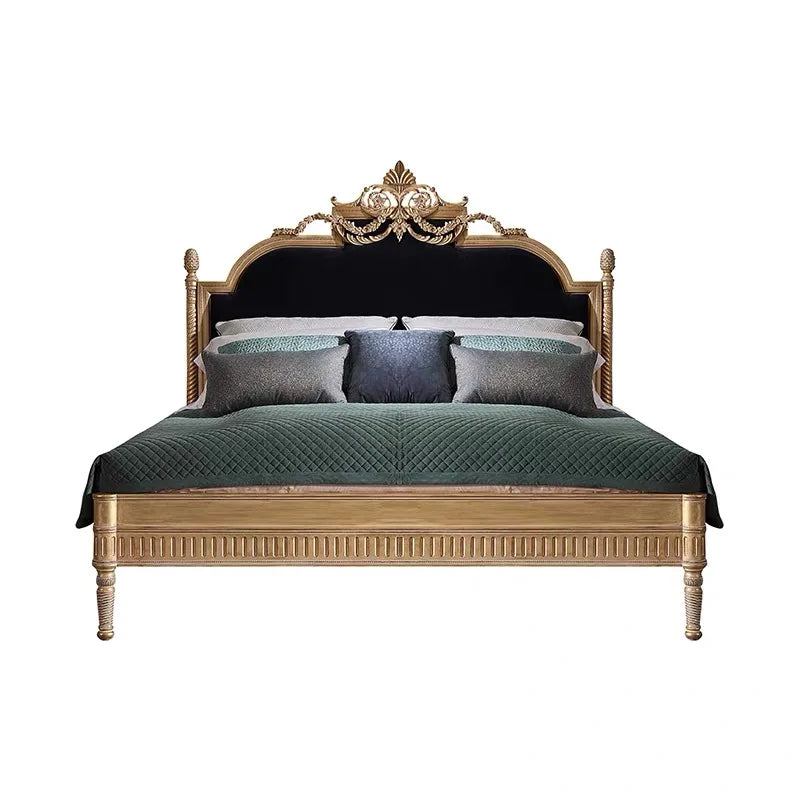 Upholstered Bed with Retro Carved Detail in Velvet – French Provincial Design