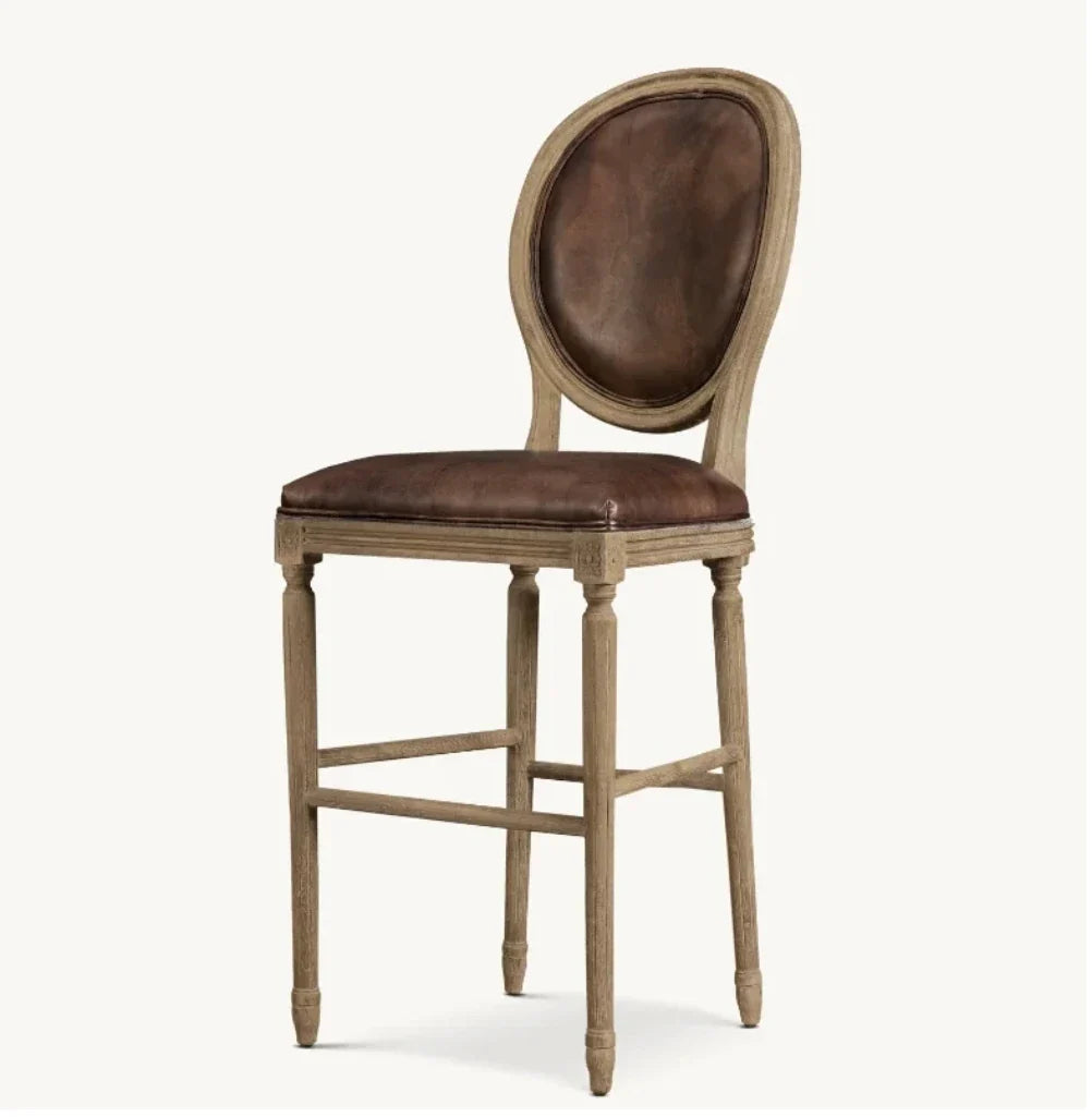 Vintage French Contemporary Bar & Counter Stool – Round Back Solid Oak & Leather Statement Piece
