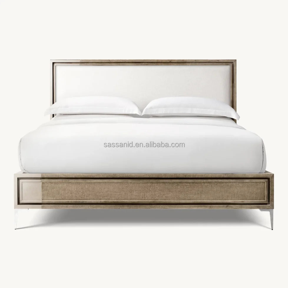Lacquered Bisque Polished Stainless Steel Benoit Fabric Panel Bed – Italian Designer Statement Piece