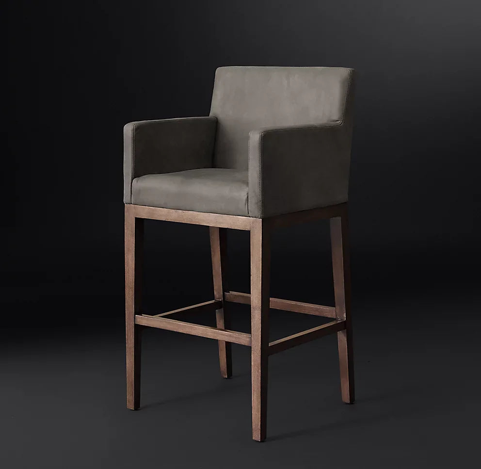 Leather Bar Stool with Track Arms – Mid-Century European Oak Statement Piece