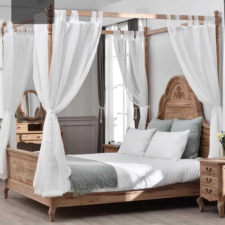 Four-Poster Bed – French Retro Natural Birch Wood Statement Piece | 259