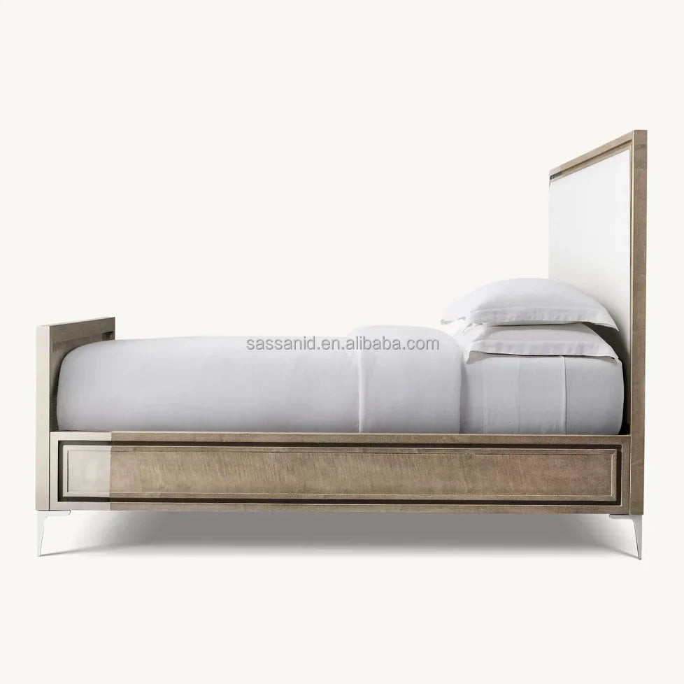 Benoit Fabric Panel Bed – Sculptural Platform Design in Lacquered Finish & Polished Stainless Steel – Contemporary Statement Piece