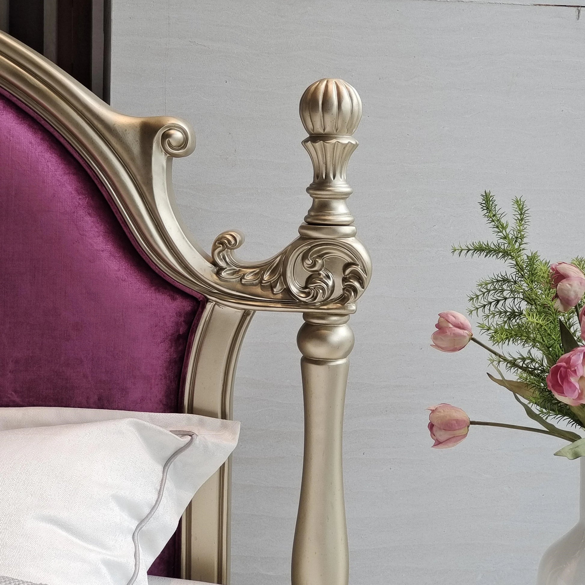 Upholstered Bed with Carved Solid Wood Frame – Velvet Vintage Statement Piece | 26-276