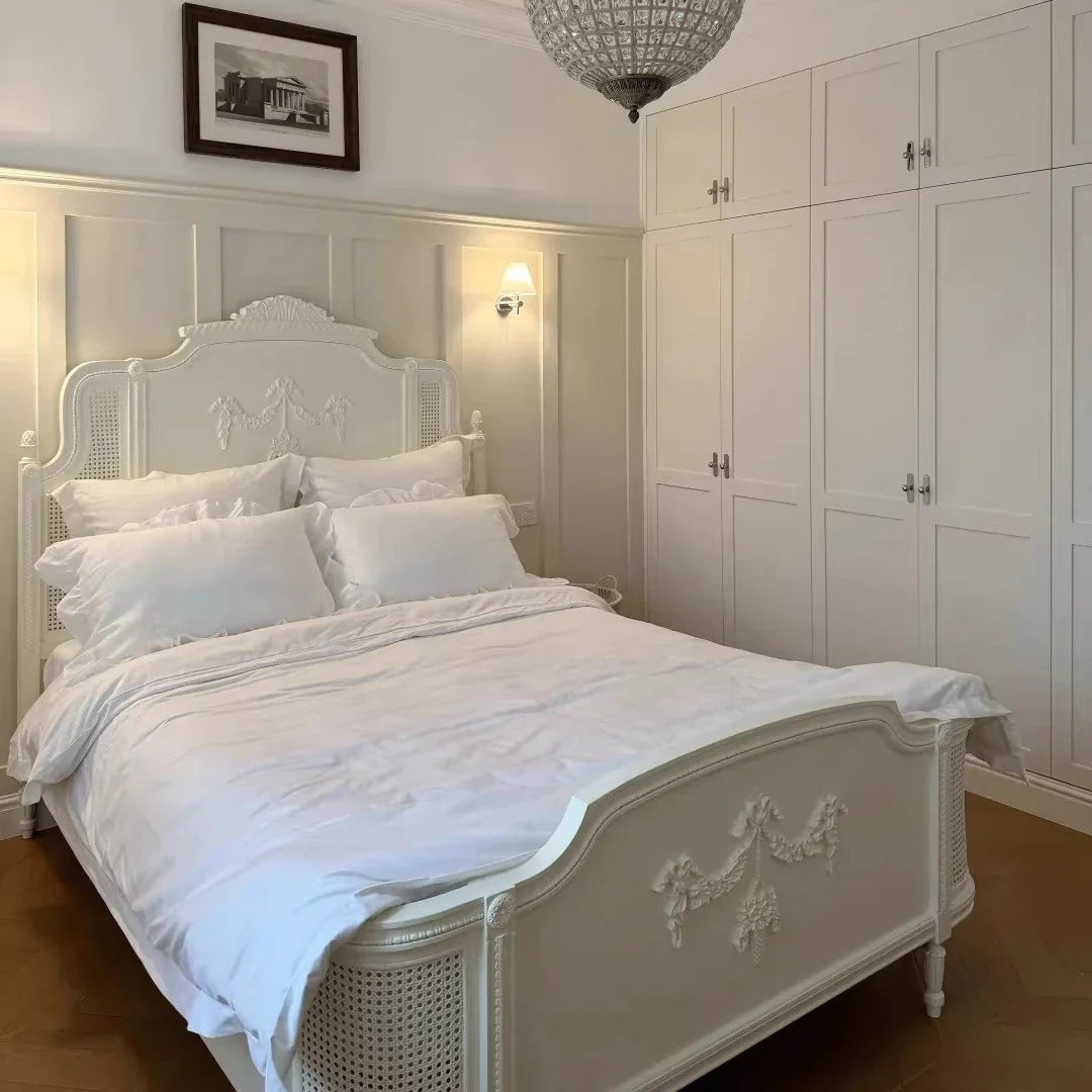 French Carved Bed – Rattan Princess Headboard in Cream White Solid Birch