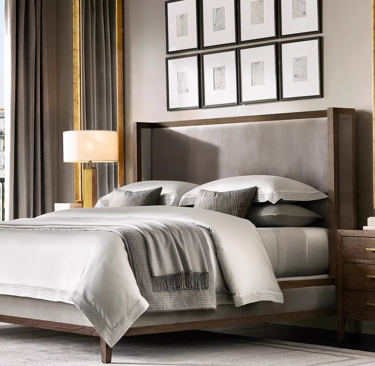 American Retro Platform Bed – Solid Wood French Soft Bag Upholstery