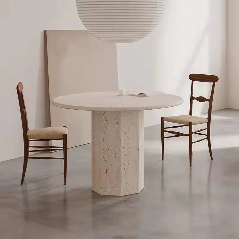 Luxury Round Travertine Dining Table Hexagonal Pedestal Minimalist Italian Style