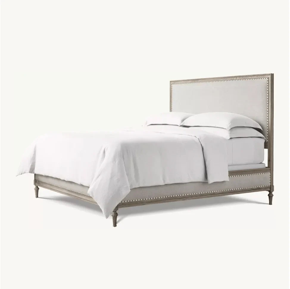 French Antique Fabric Panel Bed – Slipcovered Headboard in Oak