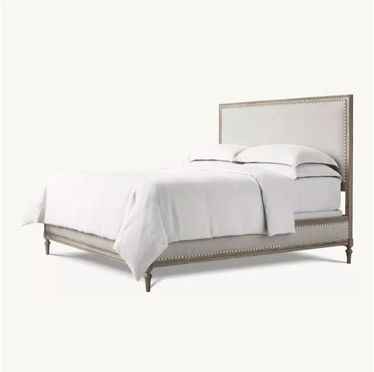 French Antique Fabric Panel Bed – Slipcovered Headboard in Oak