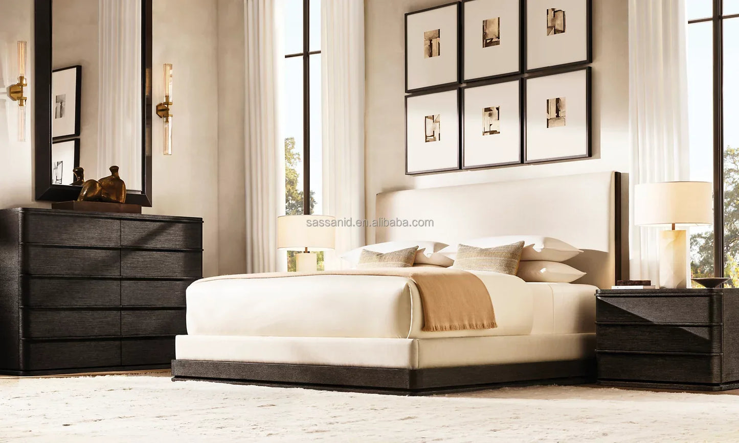 Upholstered Platform Bed – Contemporary Brushed Oak Fabric Statement Piece | 1601307746720