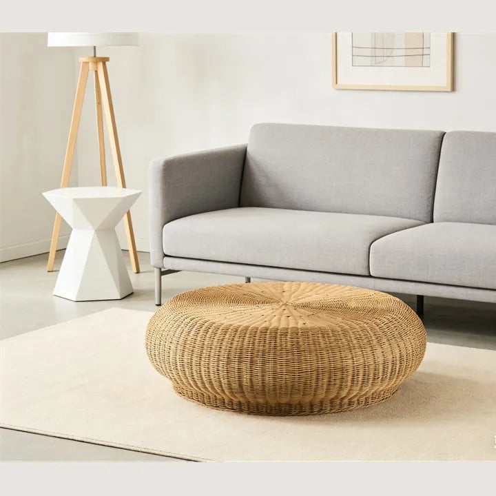 Round Rattan Ottoman Natural PE Rattan Aluminium Frame Indoor Outdoor Pouf Stool
