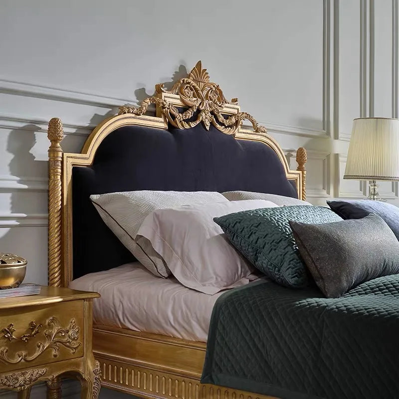 Upholstered Bed with Retro Carved Detail in Velvet – French Provincial Design