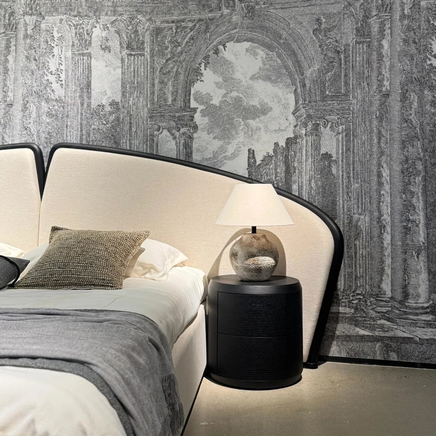 Italian Designer Upholstered Bed – Retro Cream Fabric Double Bed with Soft Headboard