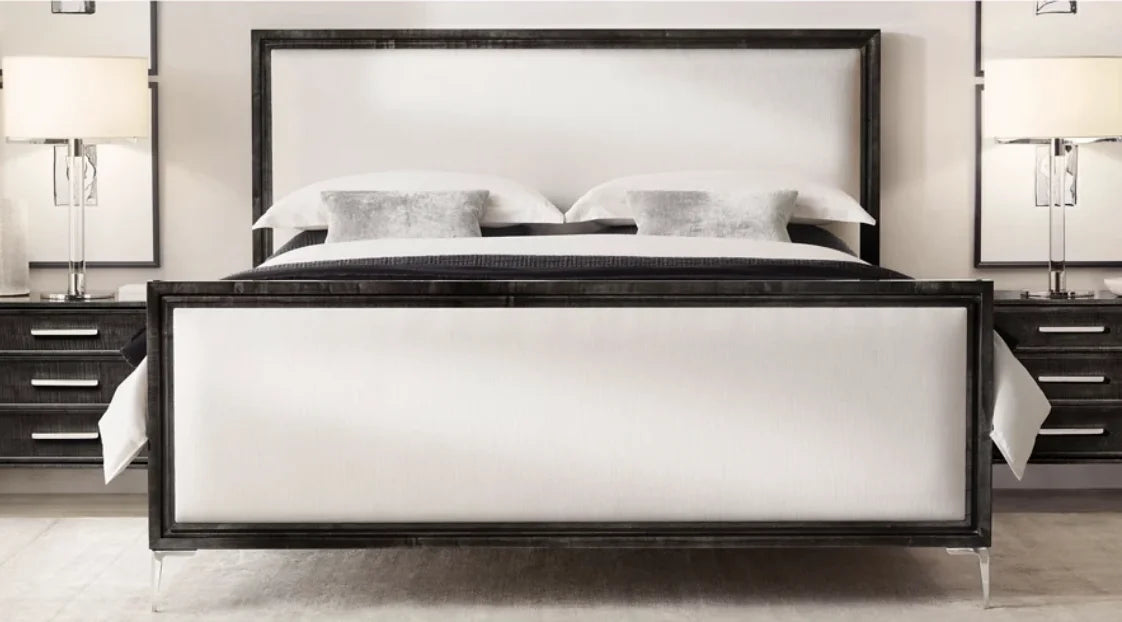 Benoit Fabric Panel Bed – Sculptural Platform in Lacquered Sable & Stainless Steel