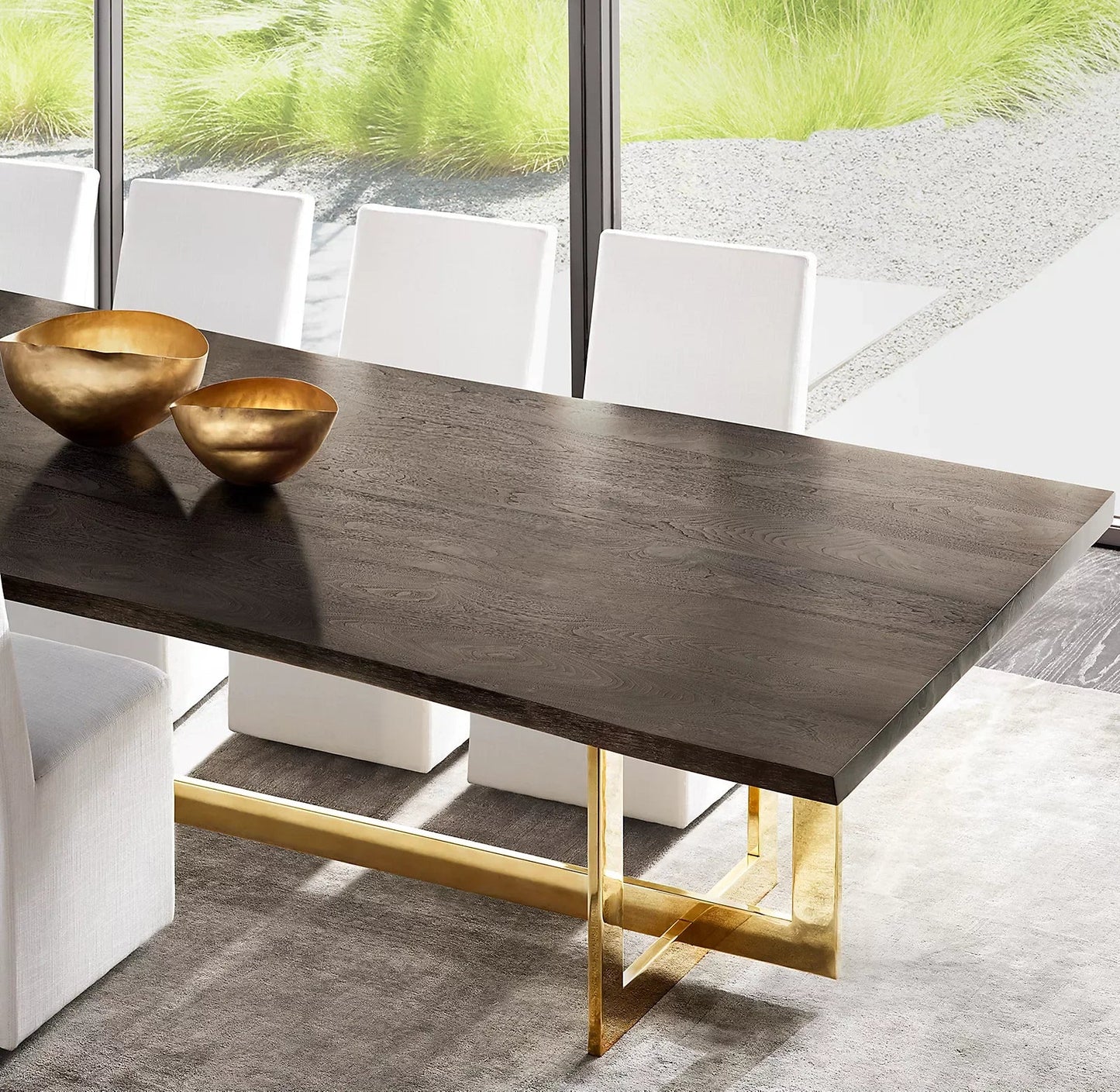 Linear Live Edge Dining Table – Solid Wood & Polished Brass Statement Piece