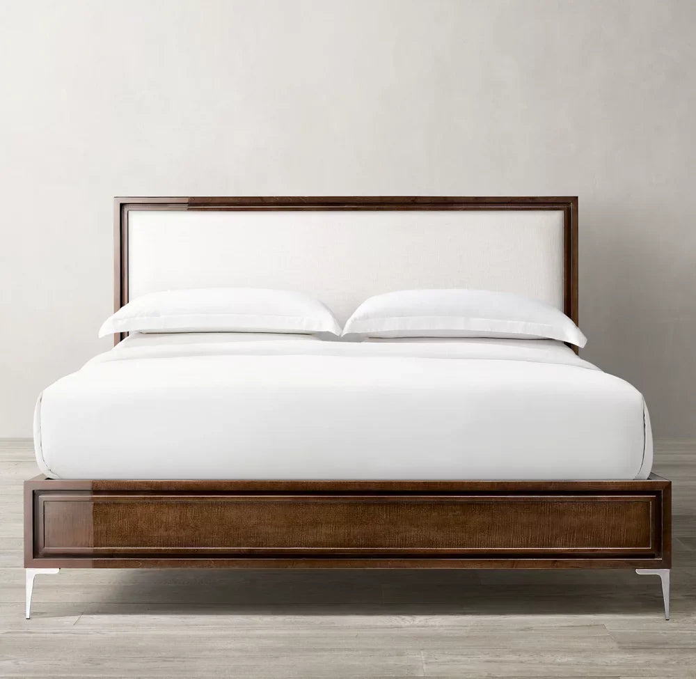 Benoit Fabric Panel Bed – Contemporary Sculptural Upholstered Bed in Lacquered Sable & Stainless Steel