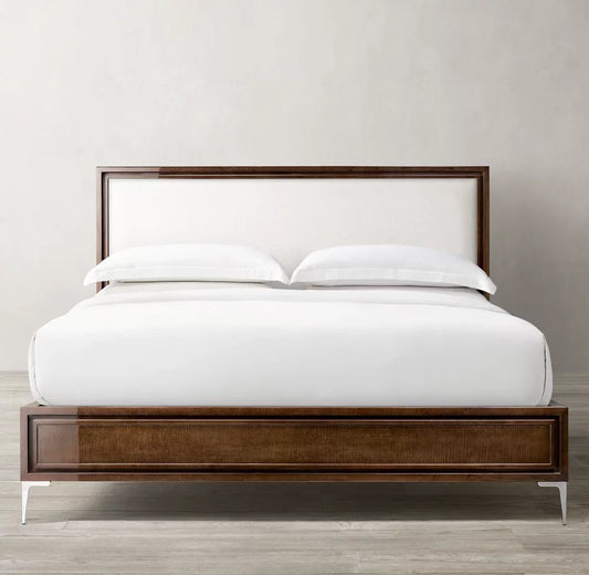 Benoit Fabric Panel Bed – Contemporary Sculptural Upholstered Bed in Lacquered Sable & Stainless Steel