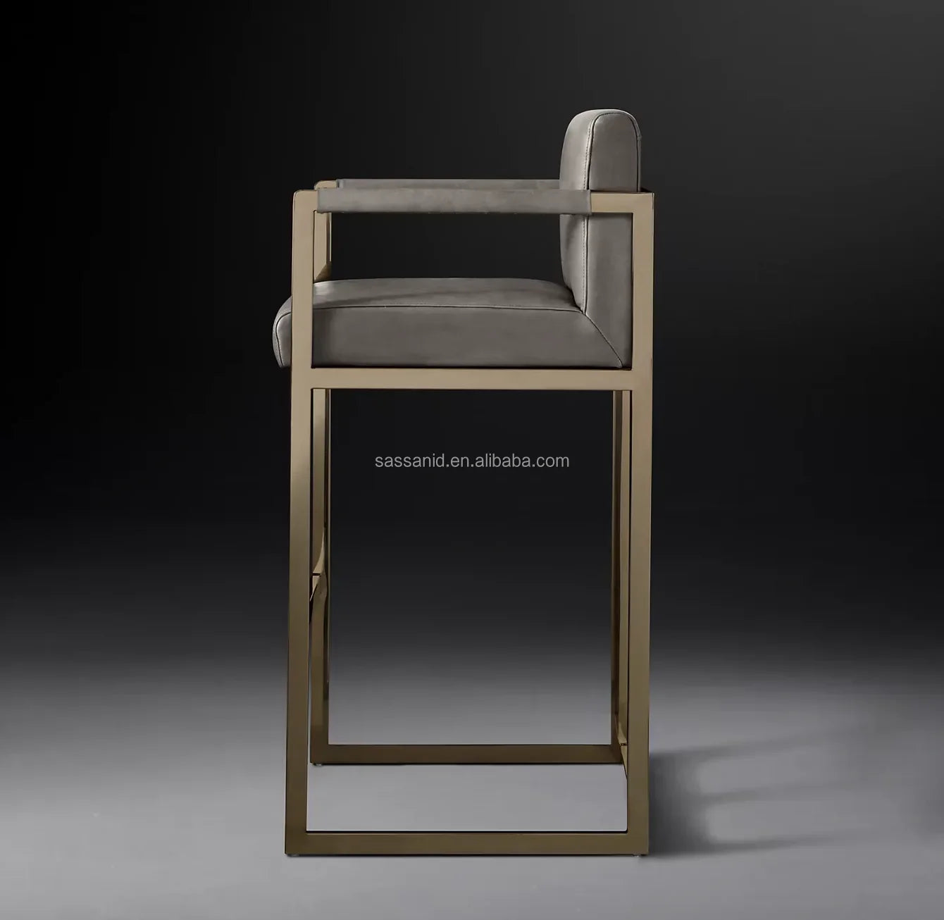 Modernist Bar Stool – Square Leather Seat with Brass Finish – Mid-Century Statement Piece