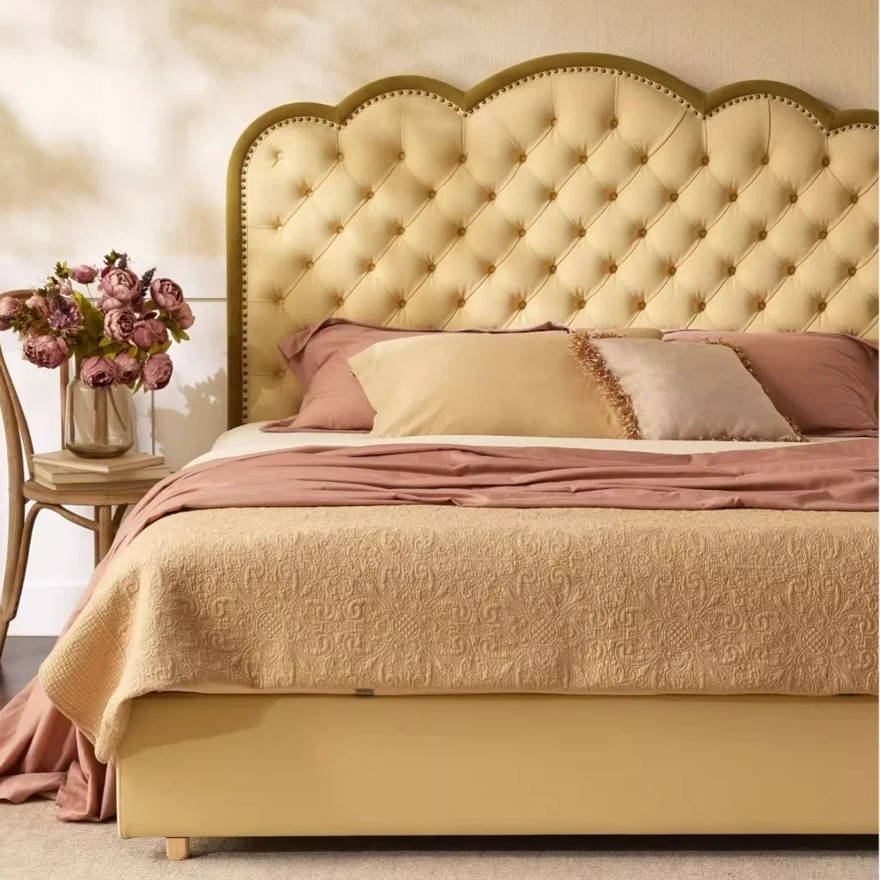 French Button-Tufted Leather Bed – Minimalist Light Luxury Statement Piece | B-00