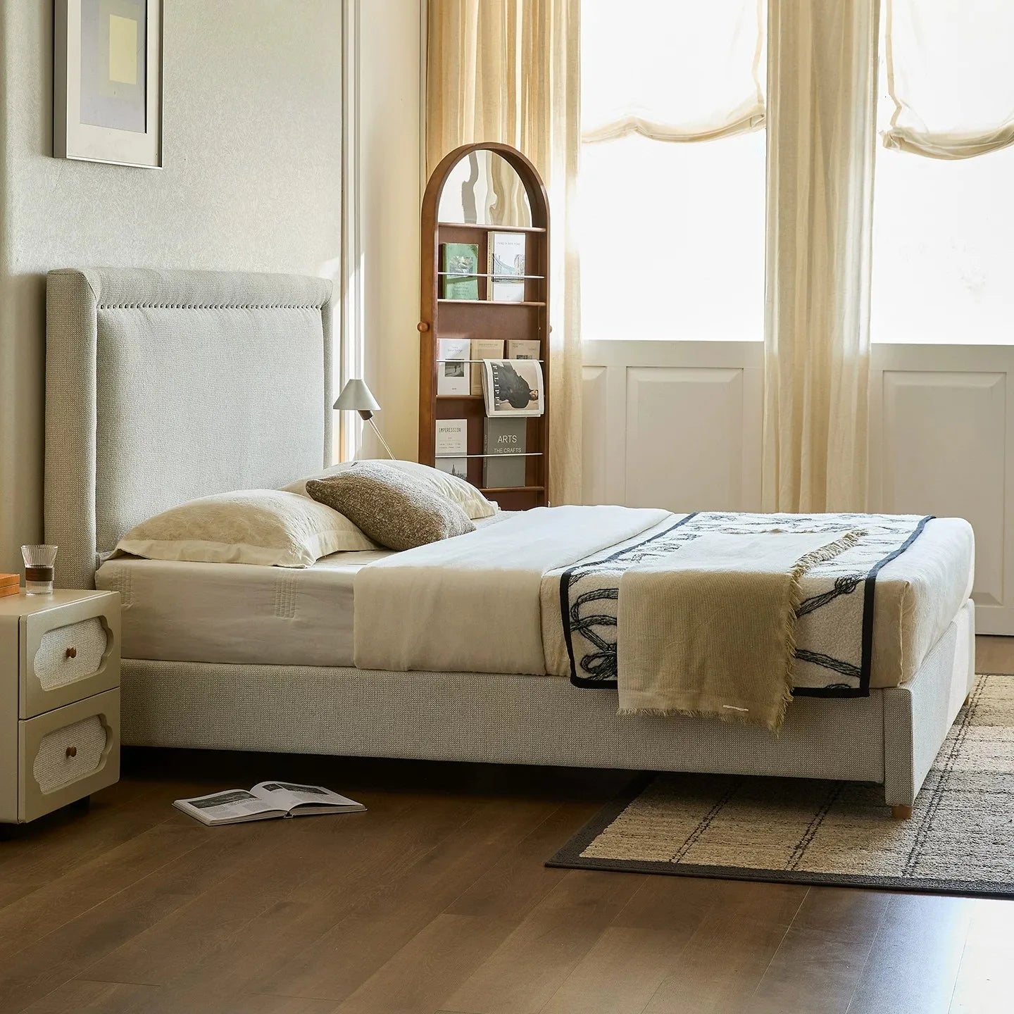 Upholstered Bed – High-Backrest Rice White Chenille Modern Statement Piece