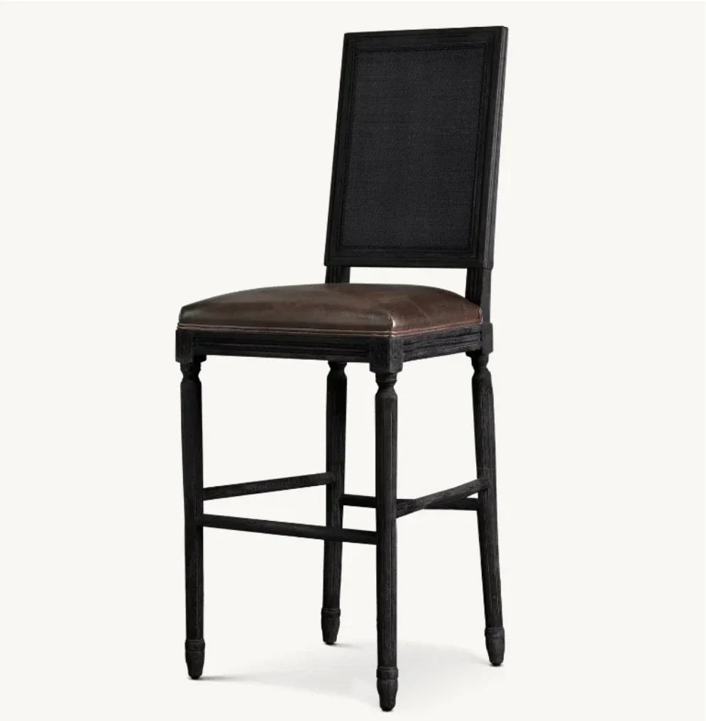 Vintage French Cane Back Bar Stool – Waxed Grey Oak & Leather Statement Piece