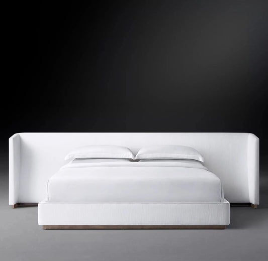 Upholstered Bed with Extended Headboard – Tufted Linen Modern Statement Piece