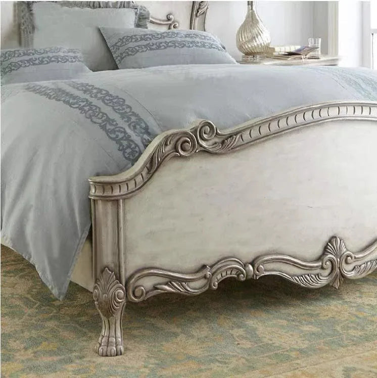 French-Style Carved Bed – Solid Wood Vintage Artisan Statement Piece