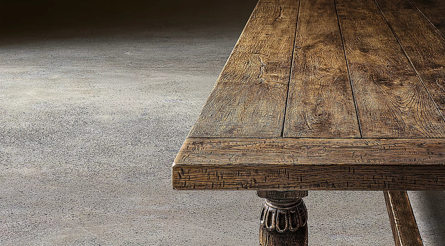Monastery Extension Dining Table – Aged Oak & Forged Brass