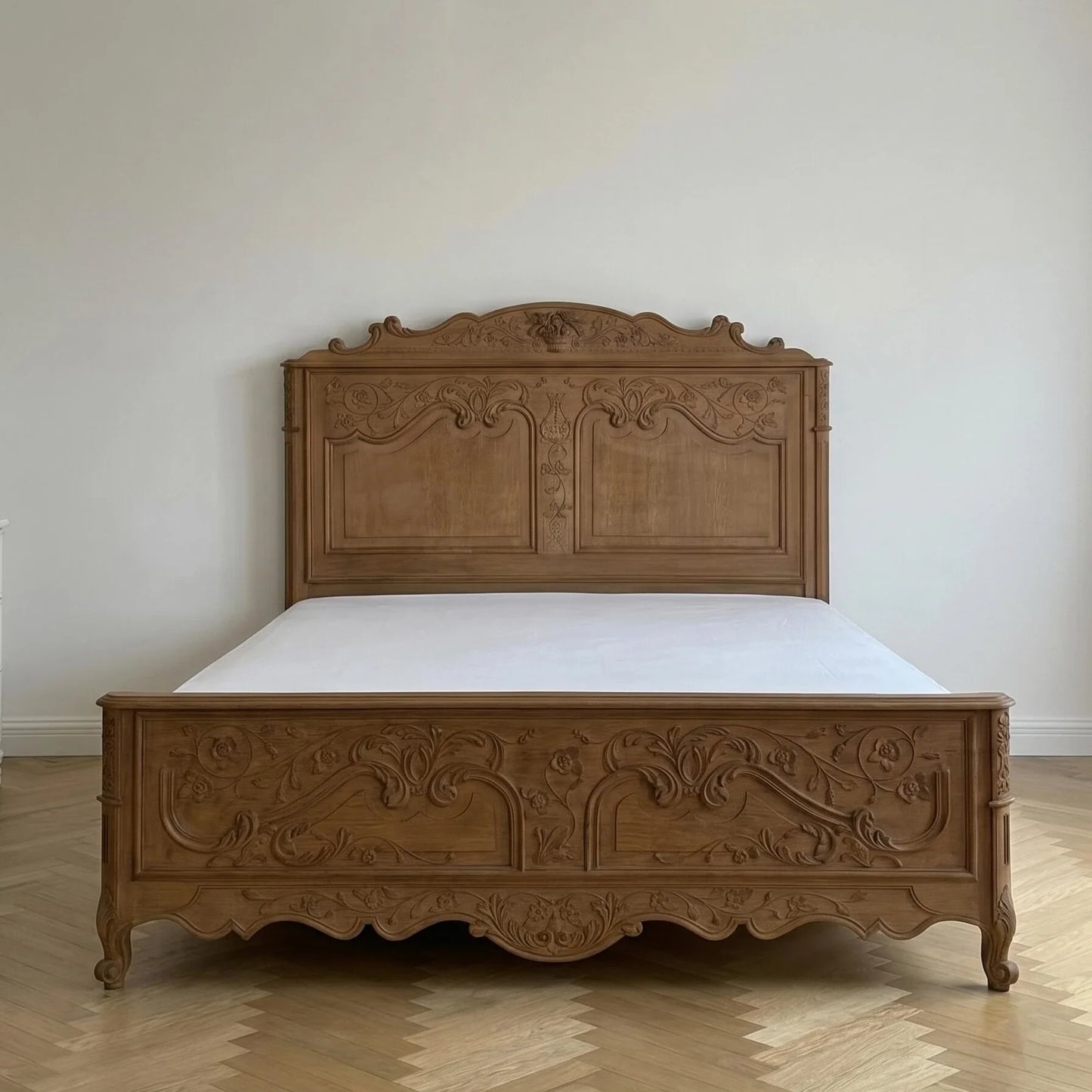 French Retro Carved Bed – Solid Ash Wood Statement Piece
