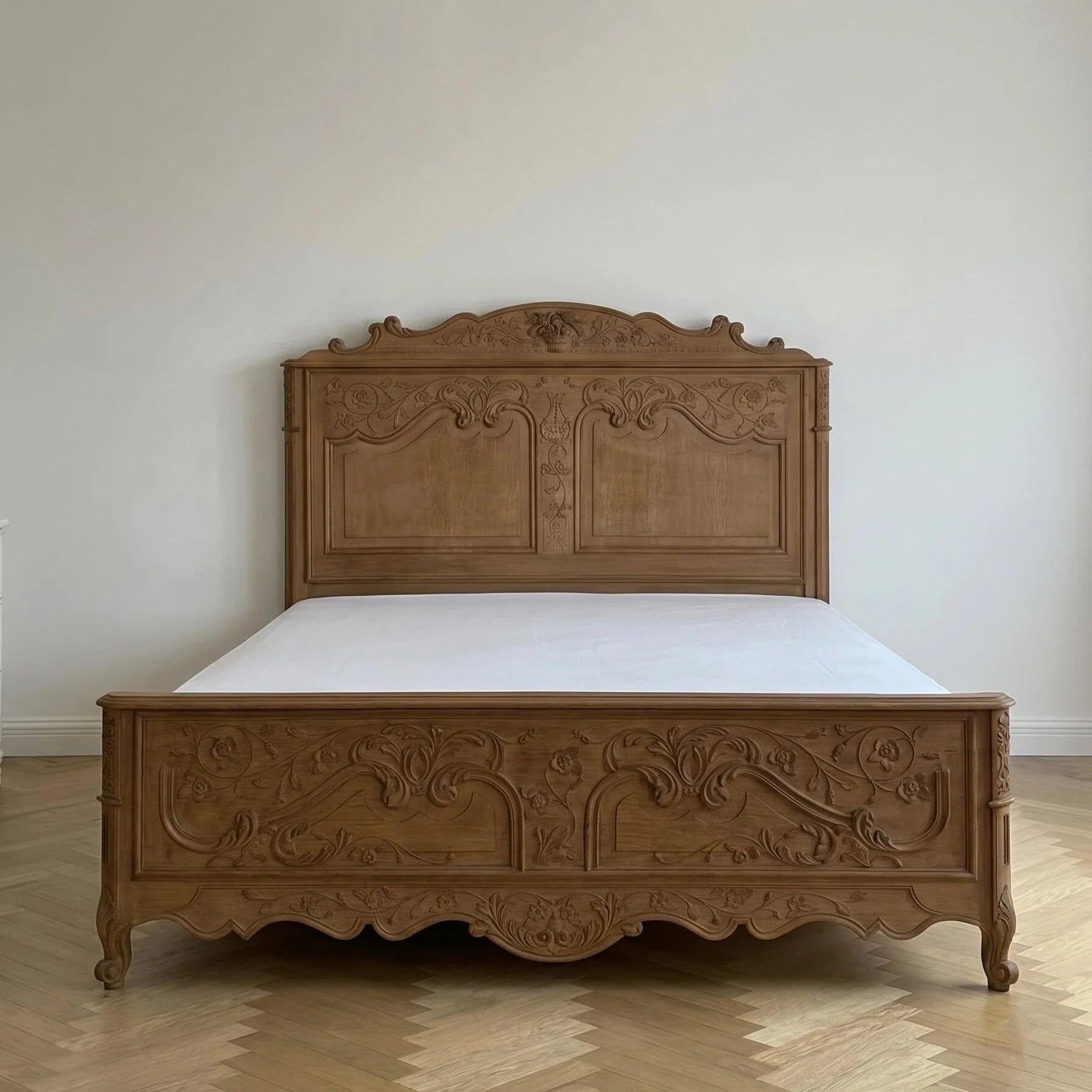 French Retro Carved Bed – Solid Ash Wood Statement Piece