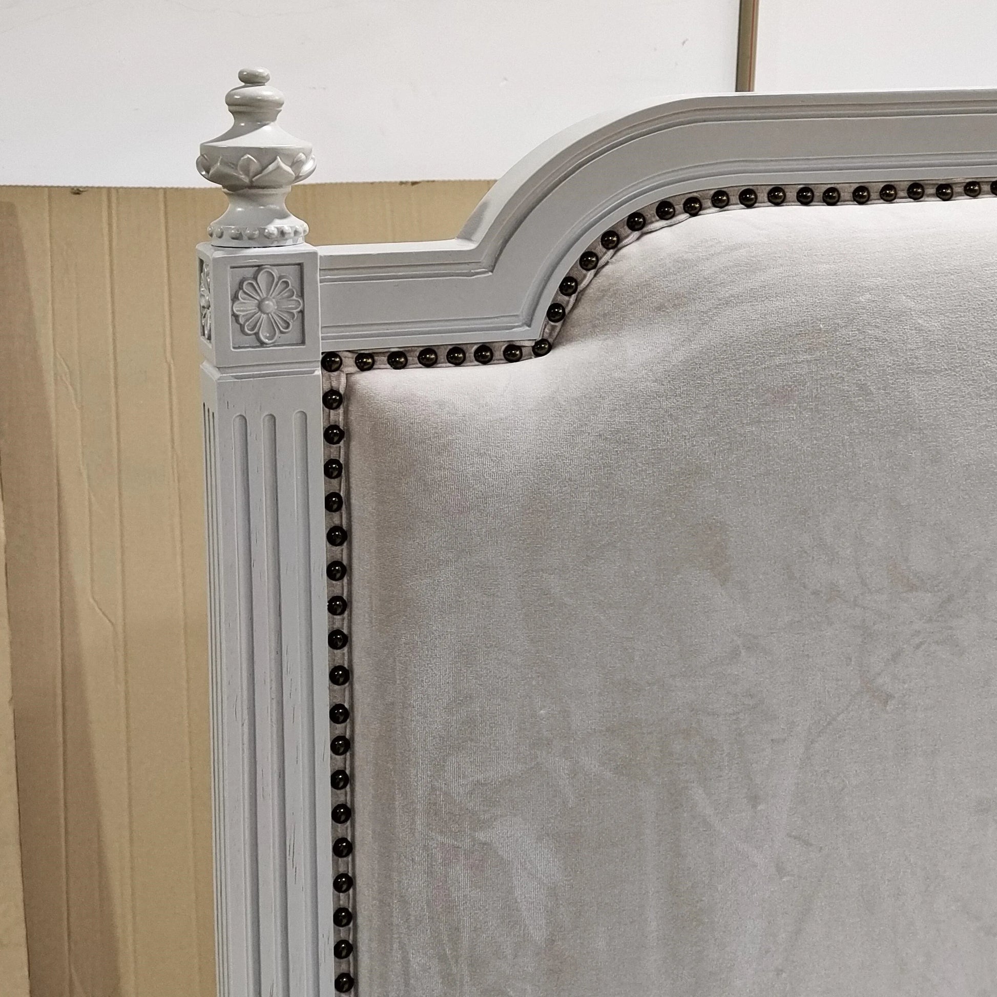 Upholstered Bed with Nailhead Trim – Velvet French Provincial Statement Piece