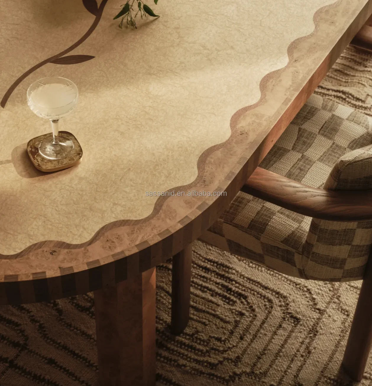 Marella Dining Table 94.5in – Contemporary Madrone Burl Veneer Statement Piece