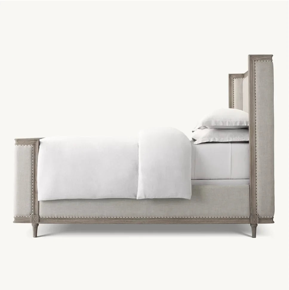 French Antique Shelter Bed – Tufted Upholstered Frame in Antiqued Oak – European Designer Statement Piece