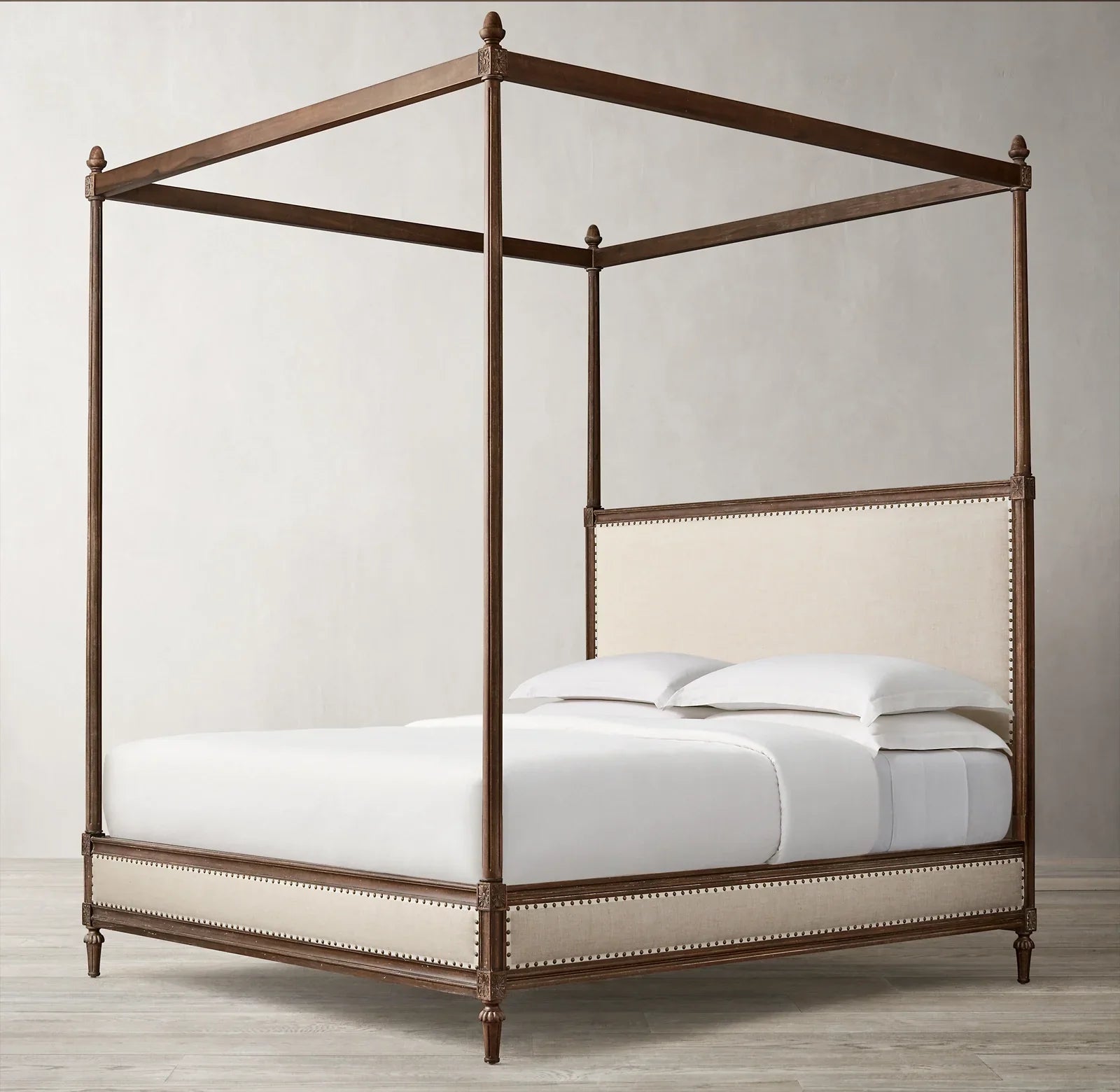 Mid-Century French Canopy Bed – Fabric Panel Oak Wood Maison Statement Piece