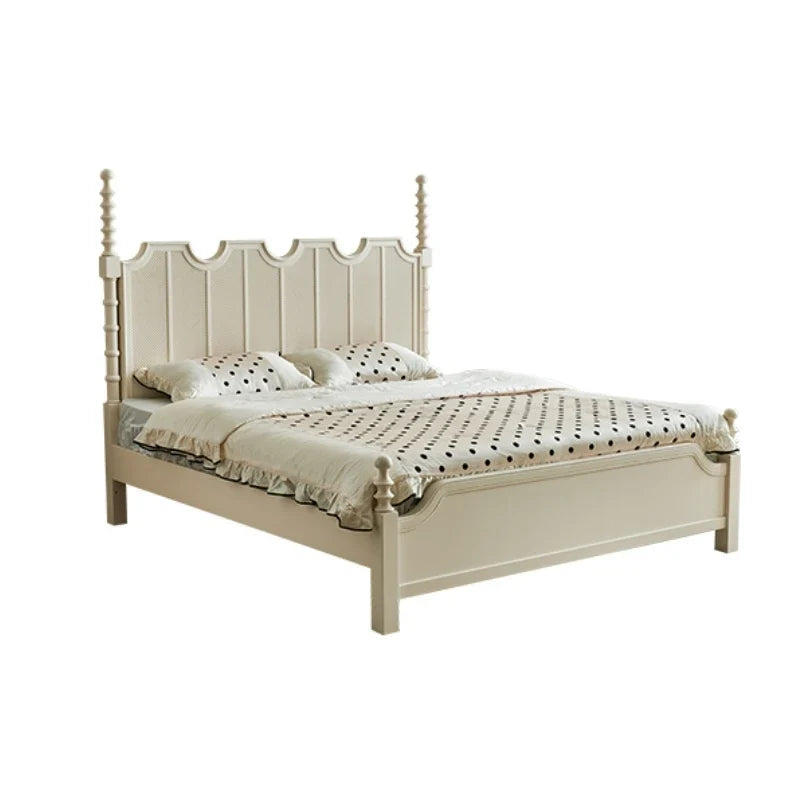 French Cream White Bed – Retro Design – Solid Birch Wood – Master Bedroom Statement Piece