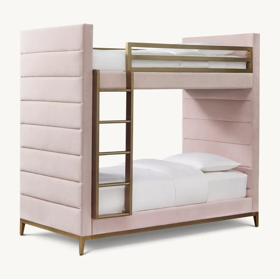 Pfeiffer Channel Upholstered Bunk Bed – Velvet Pink Leather Art Moderne Statement Piece