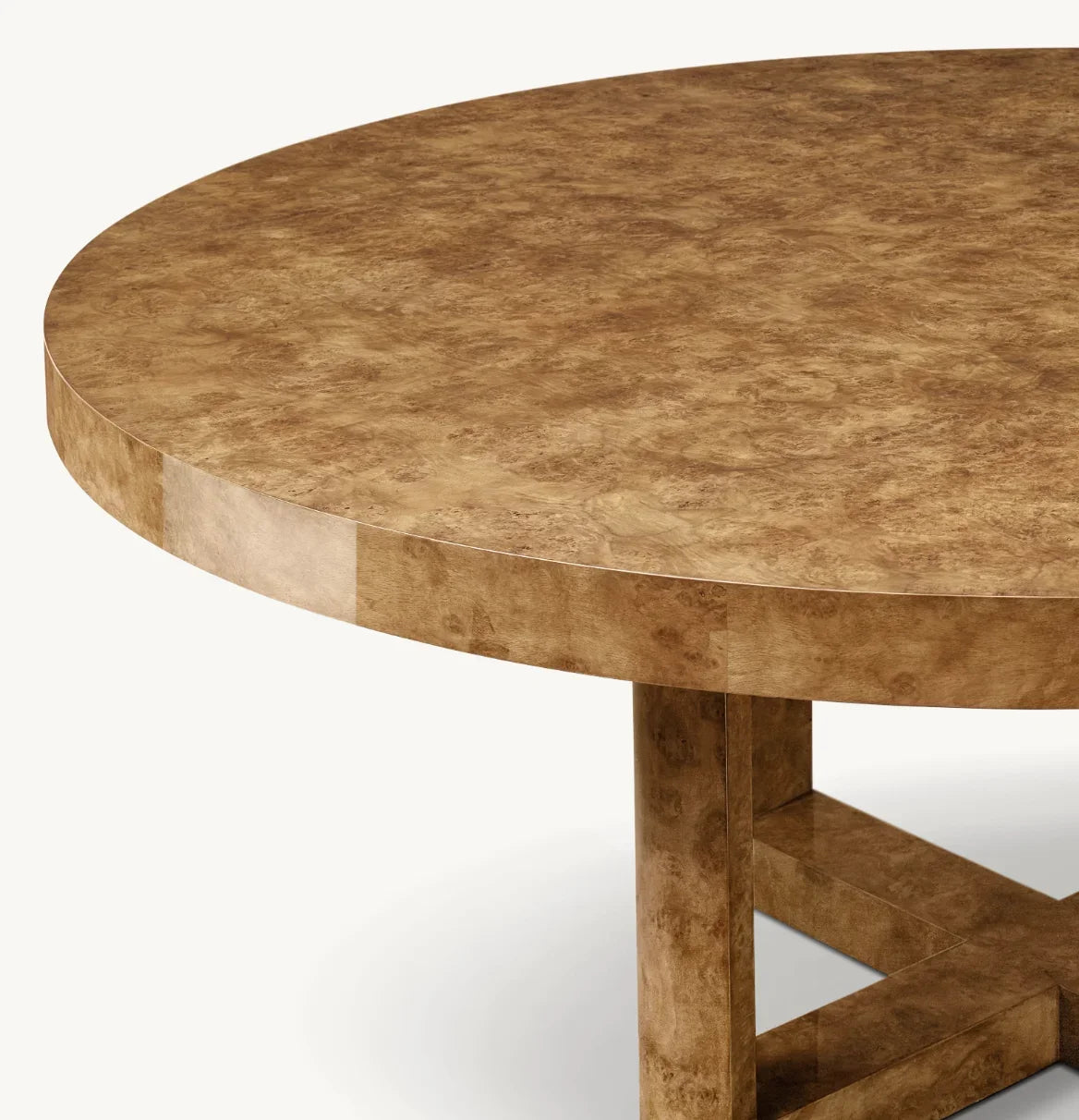 Bardot Round Dining Table – Geometric Base Burl Wood Postmodern Statement Piece