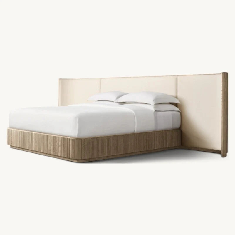Shelter Bed with Extended Fabric – Midcentury Linen Upholstered Frame | 5550