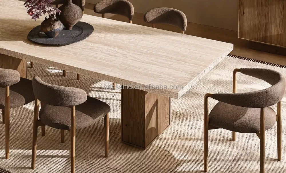 Travertine Top Dining Table – Stone & Wood – Minimalist | 1601660757910