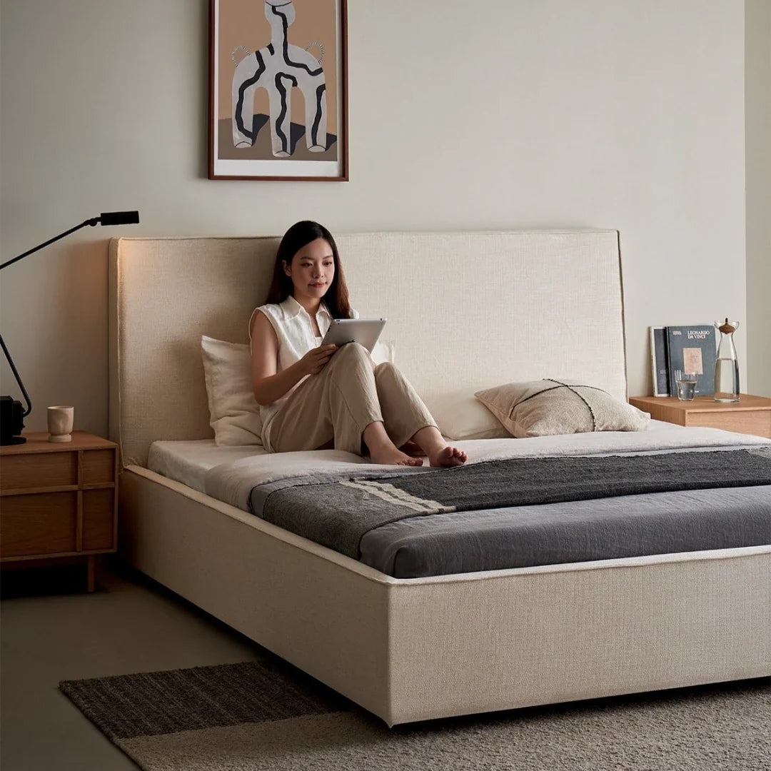 Wabi-Sabi Upholstered Bed – Minimalist Platform Frame Linen Fabric Designer Piece