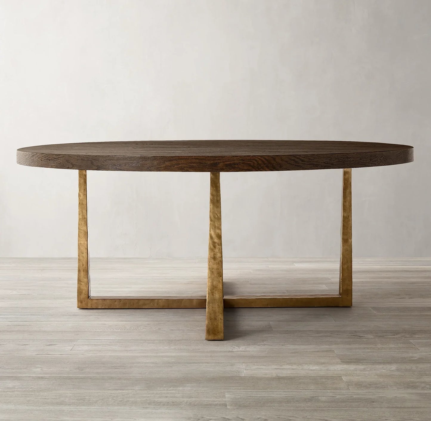 T-Brace Round Dining Table – Waxed Brown Oak & Brass Bauhaus Piece