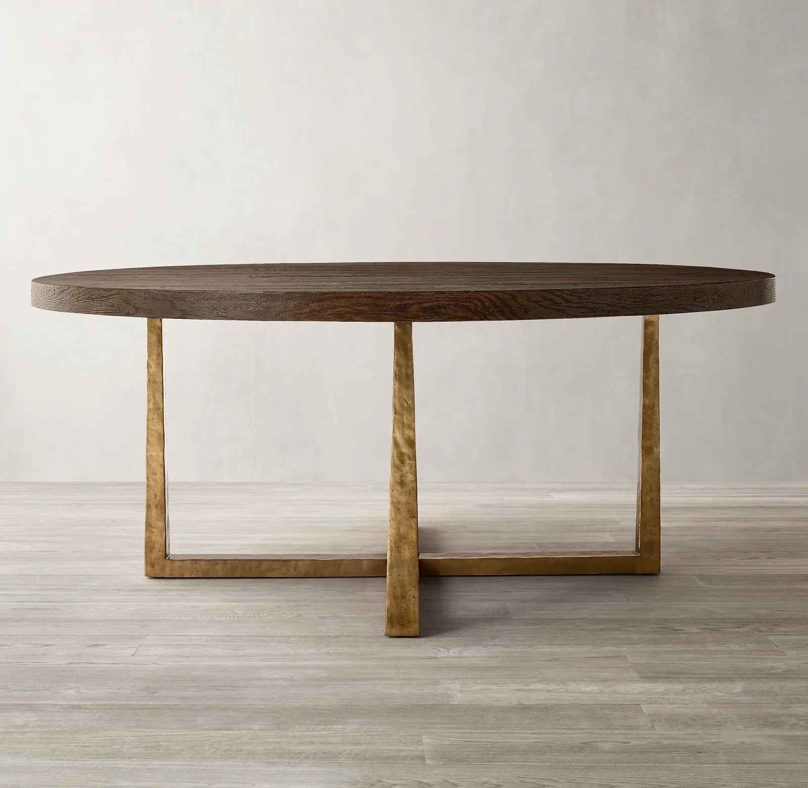 T-Brace Round Dining Table – Waxed Brown Oak & Brass Bauhaus Piece