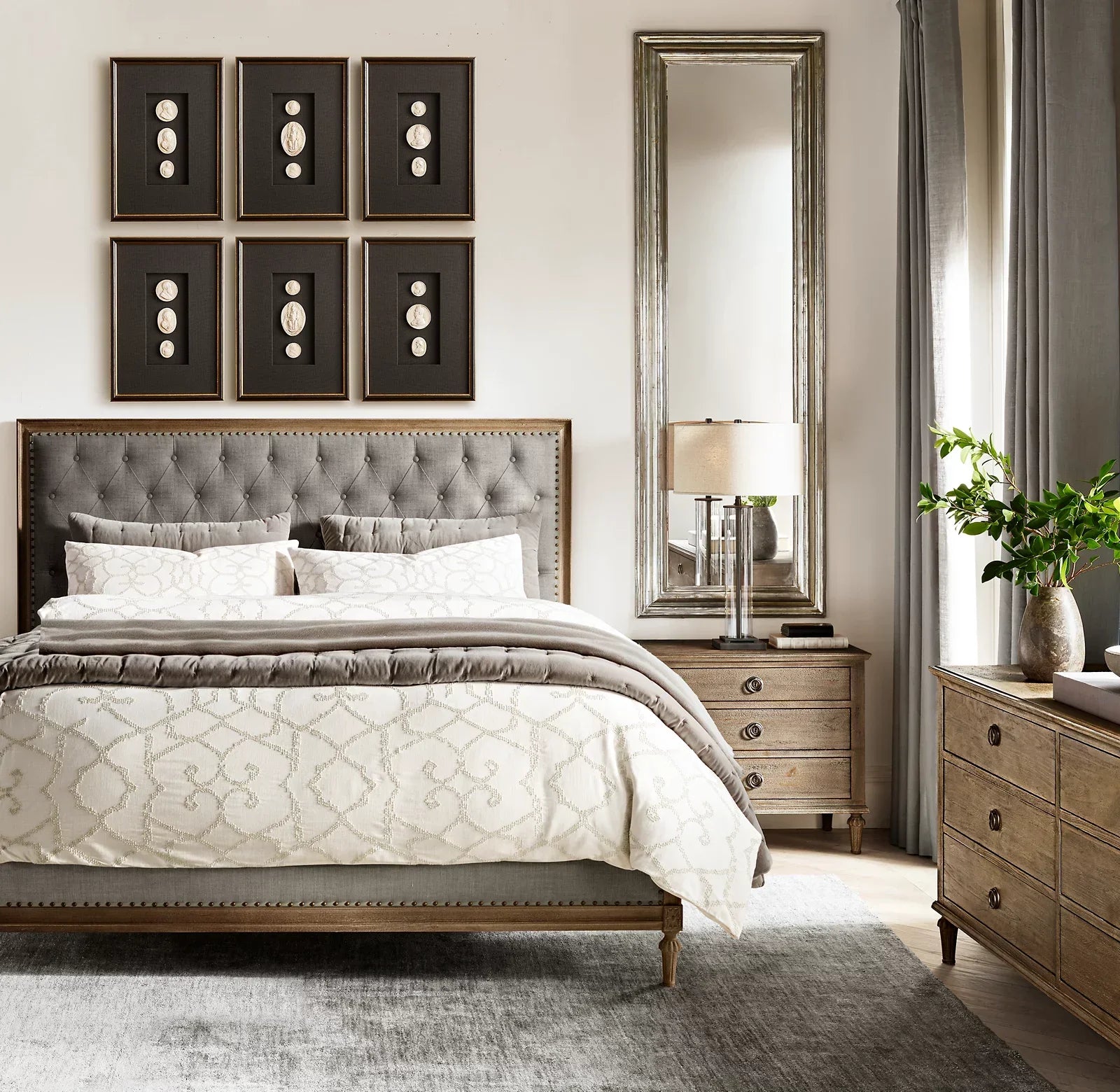 French Maison Diamond-Tufted Panel Bed – Antiqued Oak Upholstered Statement Piece