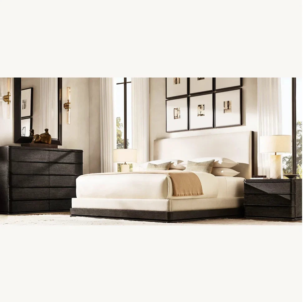 Contemporary Platform Bed – Nontufted Panel Design in Brushed Oak | 1601307761542