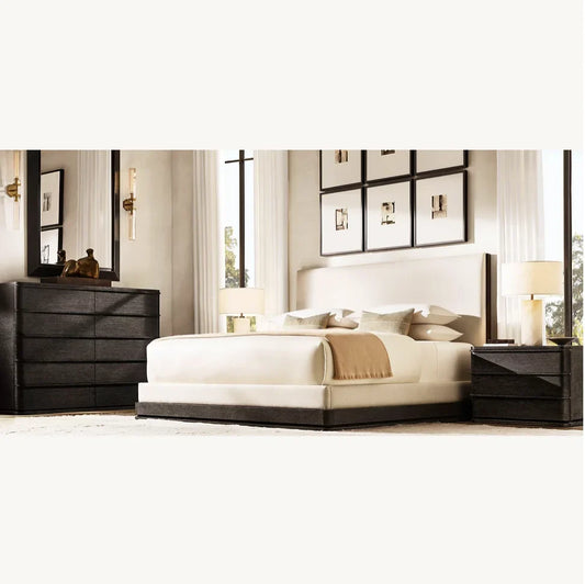 Contemporary Platform Bed – Nontufted Panel Design in Brushed Oak | 1601307761542