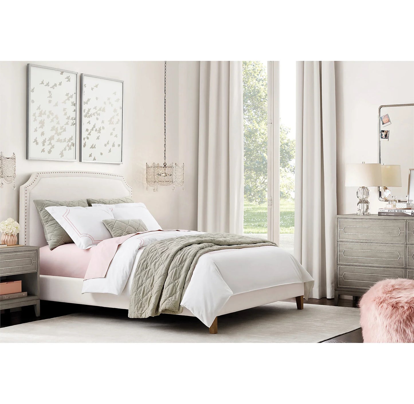 Upholstered Bed with Nailhead Trim – Antonia Berkshire Leather Art Deco Frame