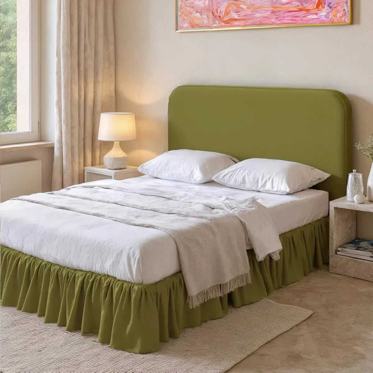 Velvet Upholstered Bed – Retro Hemmed Green Finish French Minimalist Statement Piece