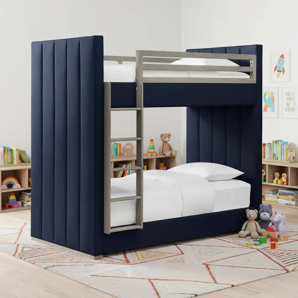 Upholstered Bunk Bed Mid-Century Platform – Oak and Indigo Statement Piece