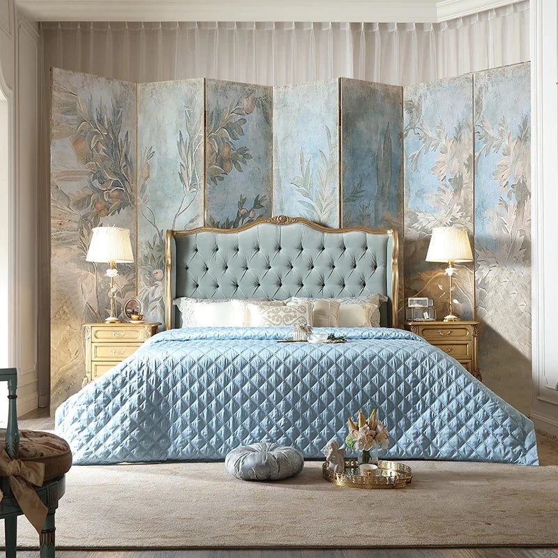 French Provincial Upholstered Bed – Hand-Carved Distressed Gold Solid Wood