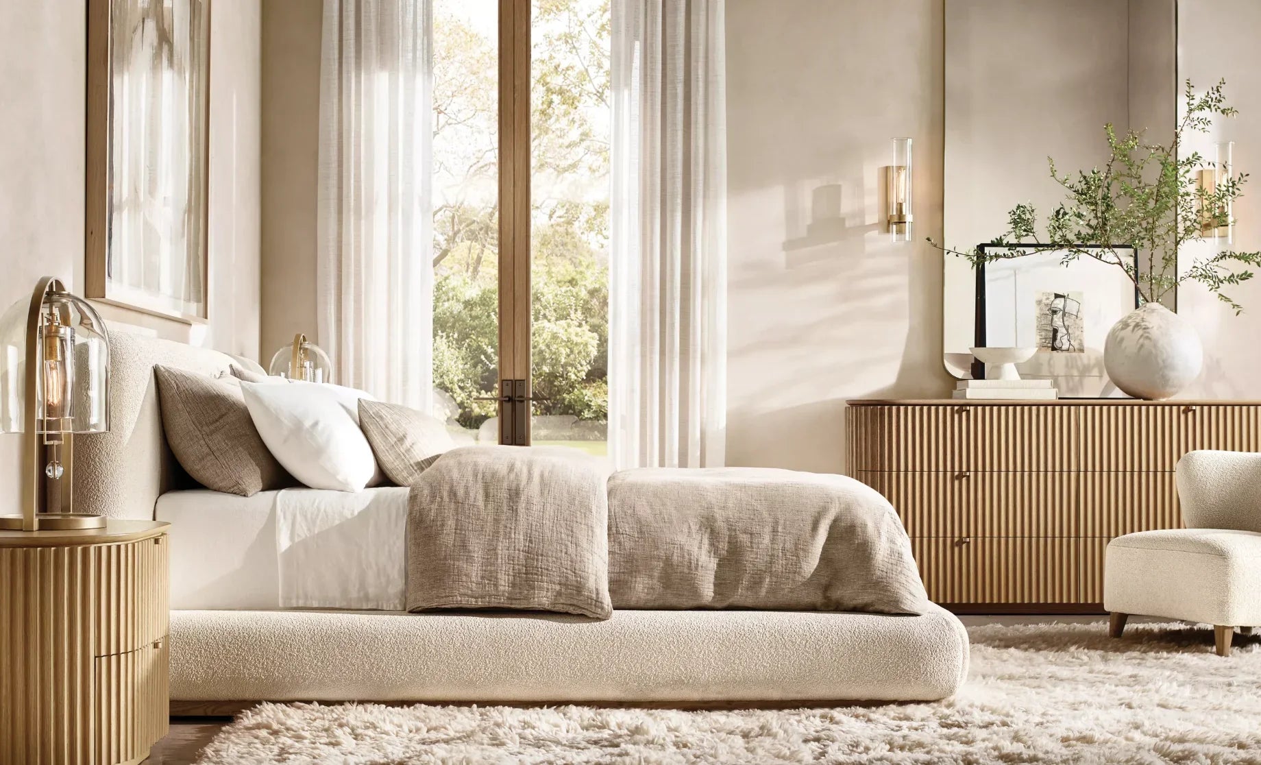 Platform Bed – Extended Panel Design – Performance Bouclé – Lola – Mid-Century American Style