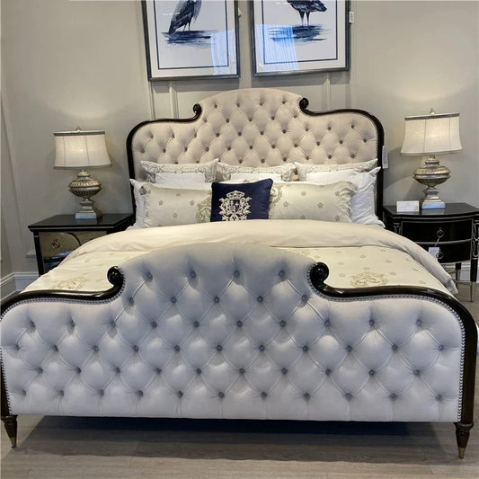 Platform Bed with Upholstered Headboard – Solid Birch Wood Light Luxury 26-164